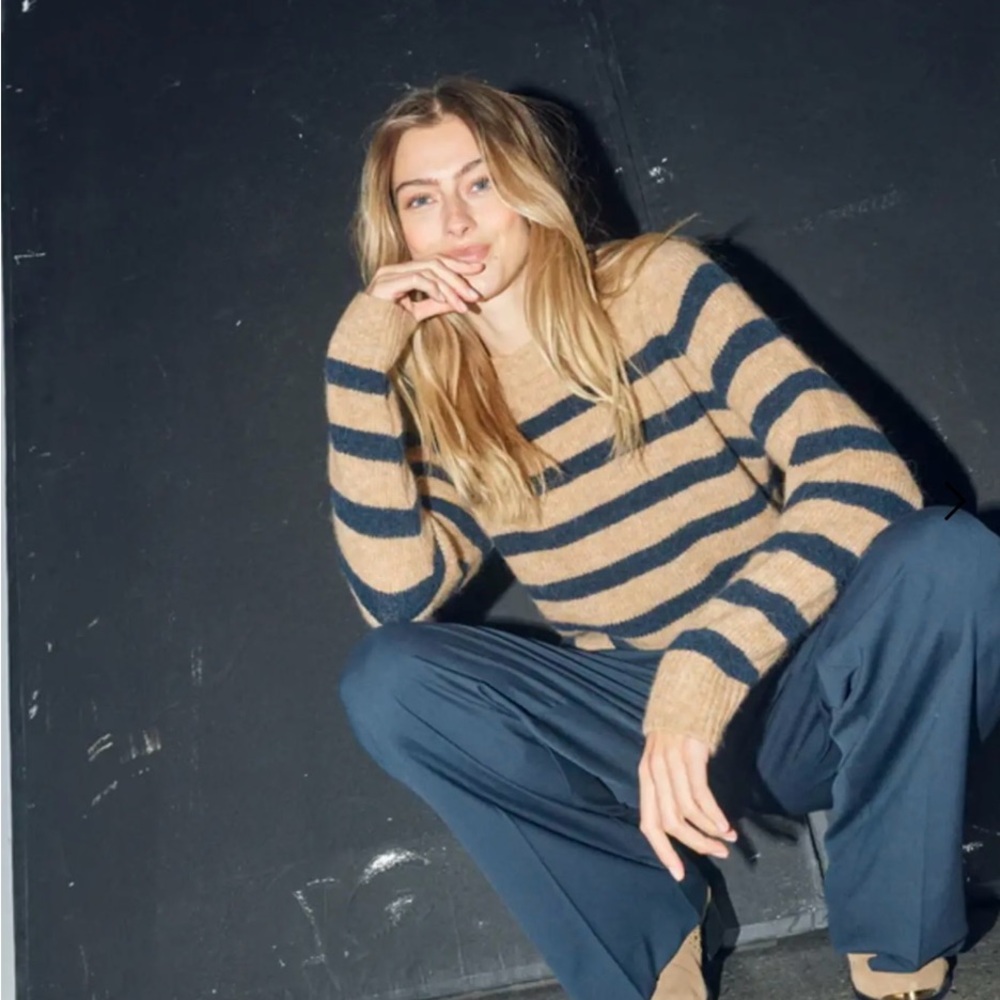 Mos Mosh Thora Stripe Crewneck Knit Camel Black Stripe Alpaca Wool Blend Small